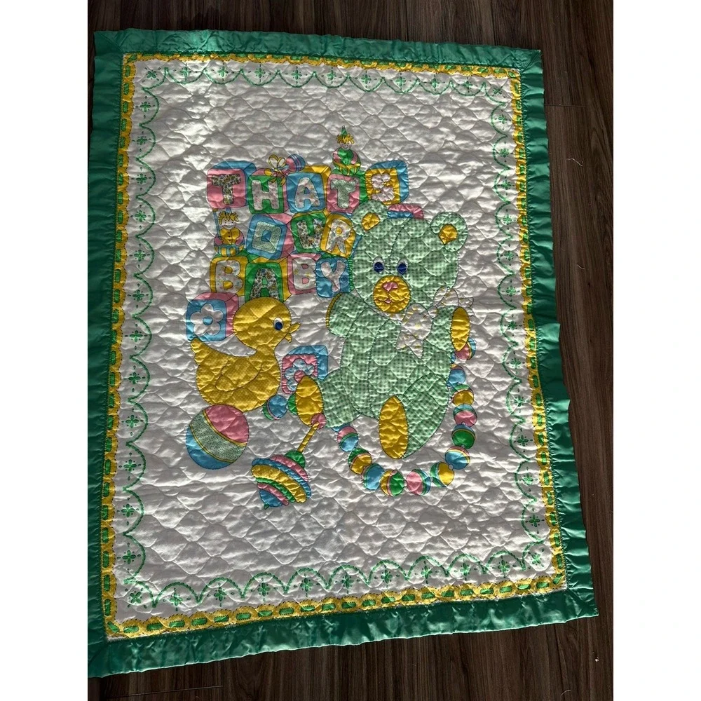 Vtg Lightweight That's Our Baby Bear & Duck & Toys Baby Blanket Quilt Sarin Rim